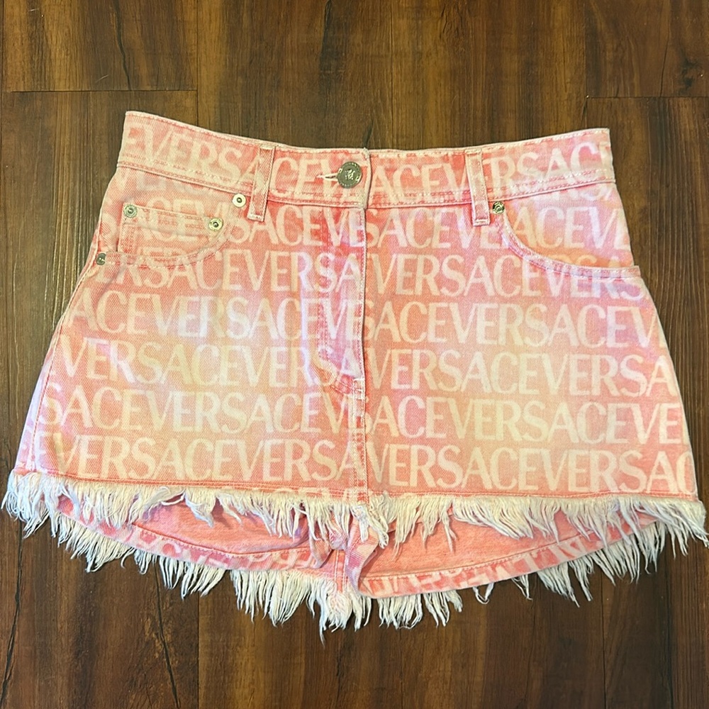 Versace Pink Logo All Over Denim Skort